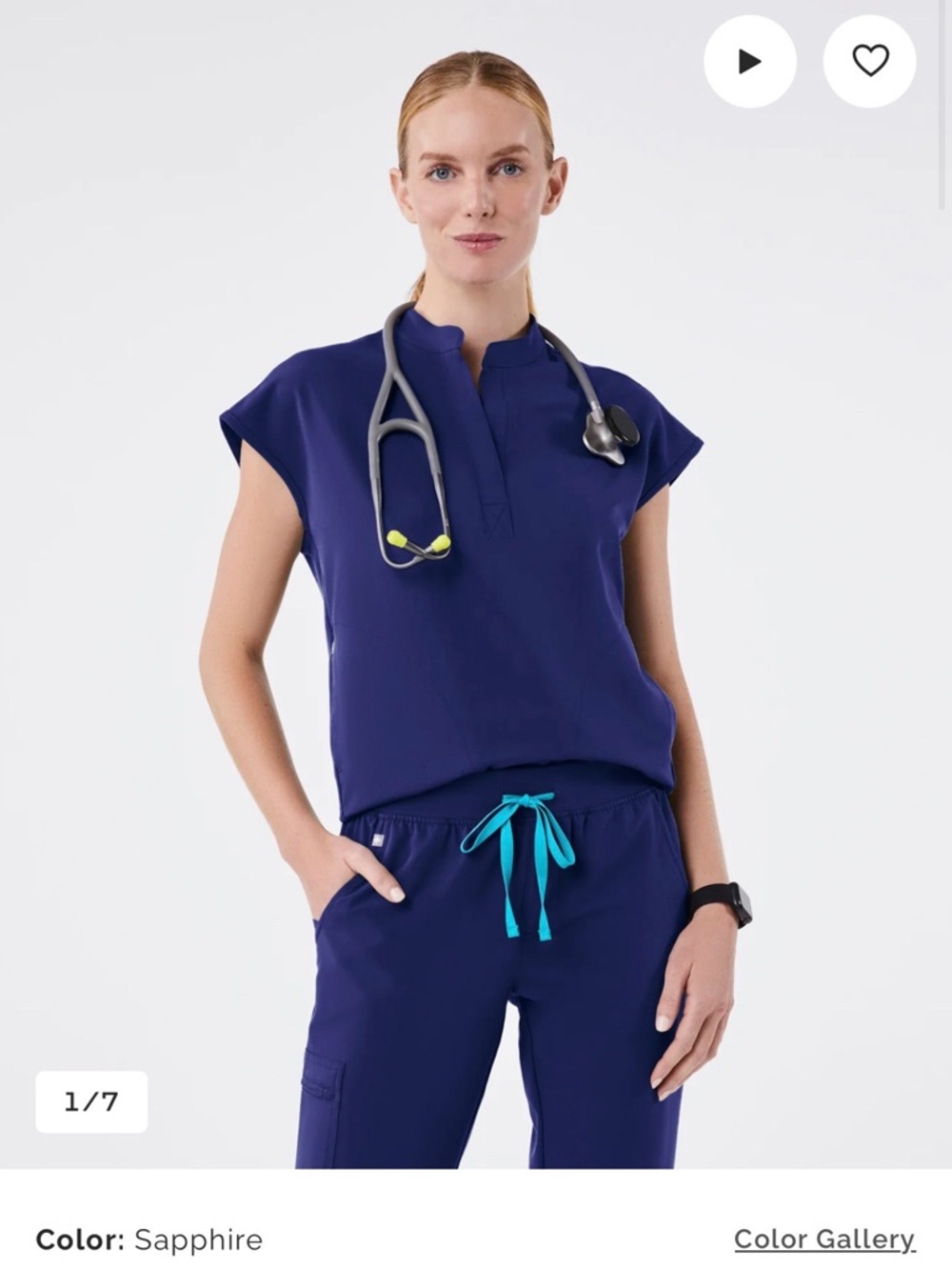 Figs Navy Mandarined-Collar Scrub Top